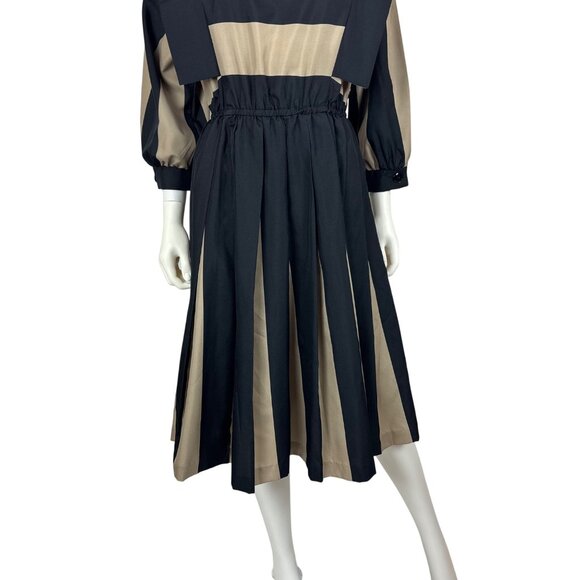 Vintage 80s Striped Dress Womens Medium Architectural Black Tan Thick Stripes - Picture 6 of 10
